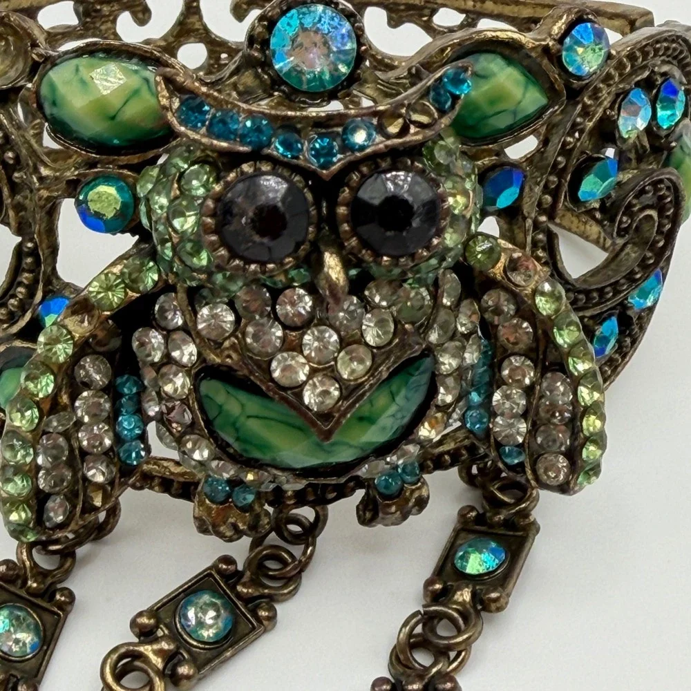 Vintage Style Owl Slave Bracelet Hand Flower Ring Set Green Blue Rhinestone Cuff
